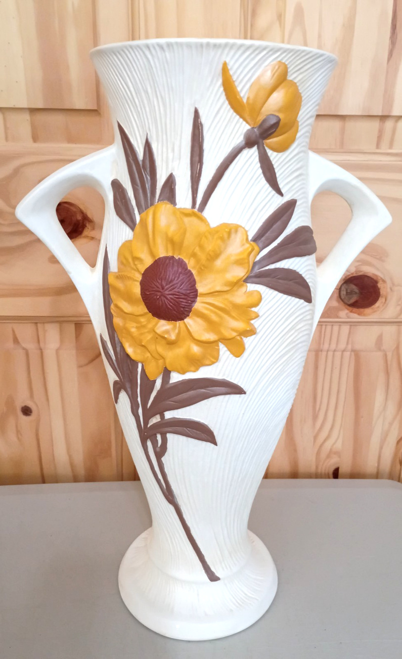VTG Syringa 17" Large Ceramic Floral Vase Yellow Brown Double Handled